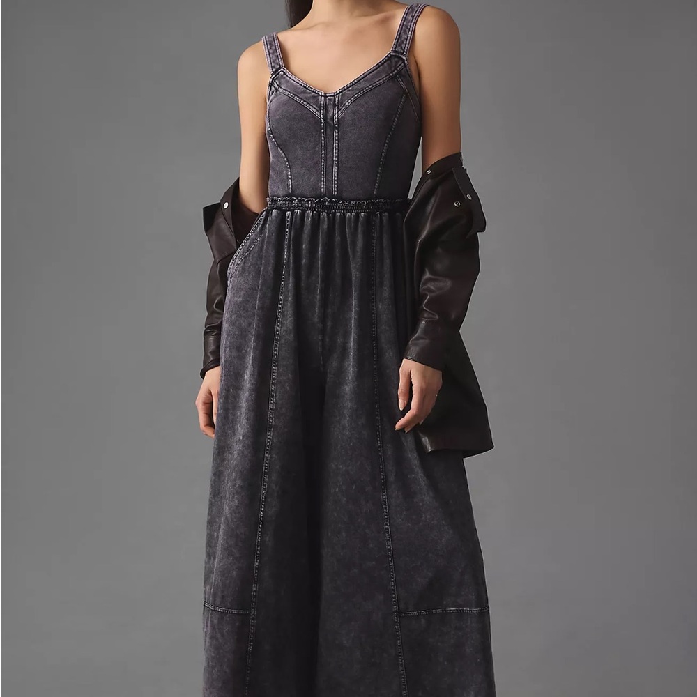 Anthropologie Charcoal Denim Wide Leg Jumpsuit Utility Style NWT XXS